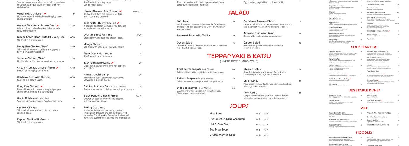 Ye’s Table Menu