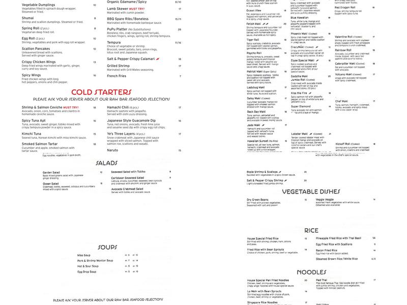 Ye’s Table Menu