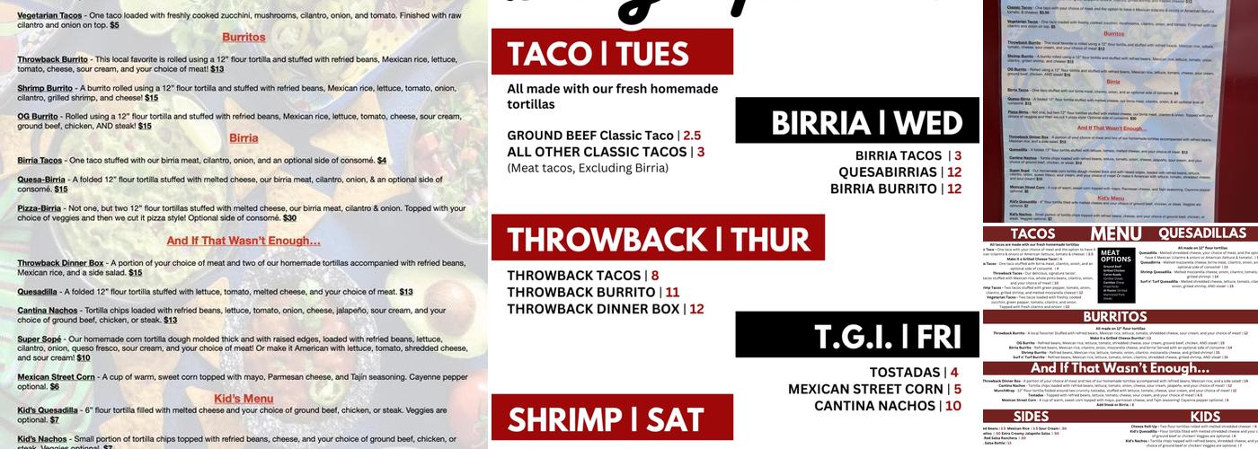 Throwback Tacos Menu