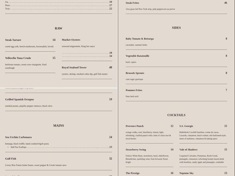 King Brasserie + Bar Menu