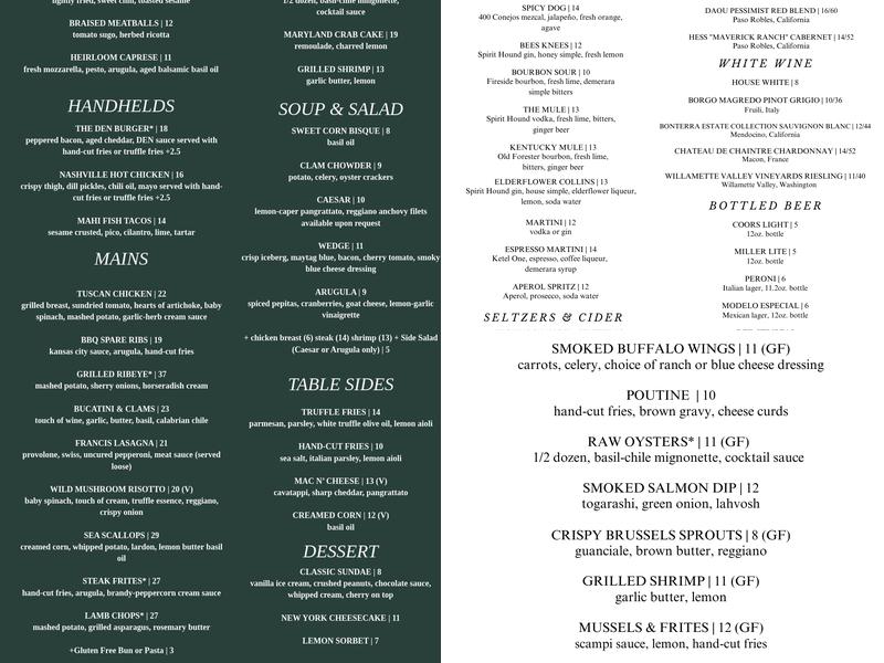 The Den on Eleventh Menu