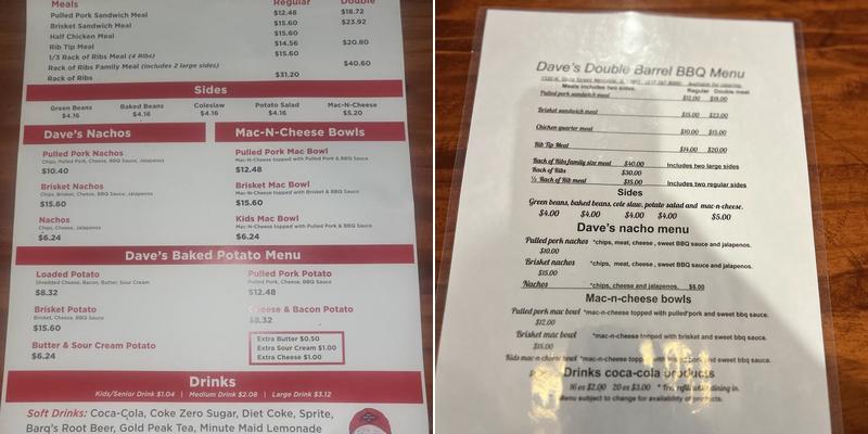 Dave's Double Barrel BBQ Menu
