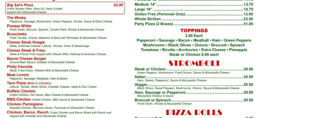 Salvatore's Pizzeria and Pasta Menu