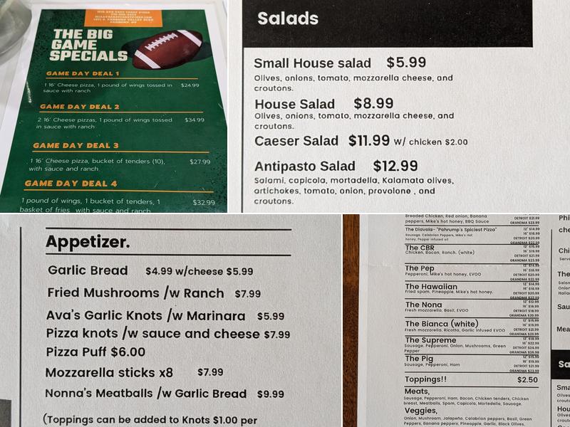 Mia Ava East coast pizza Menu