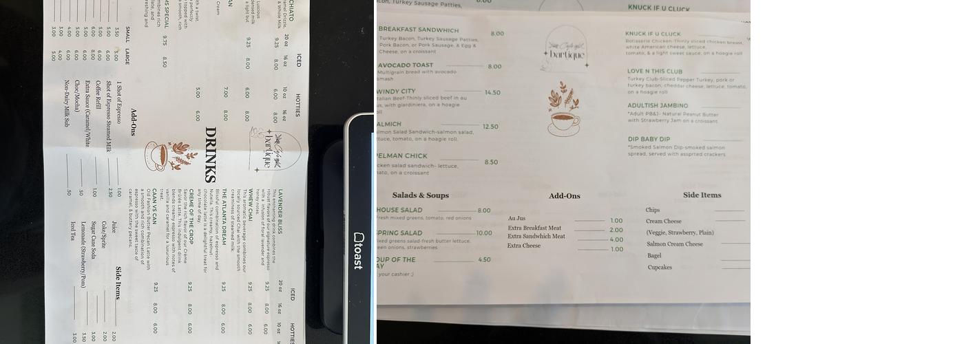 Cafe Bartique Menu