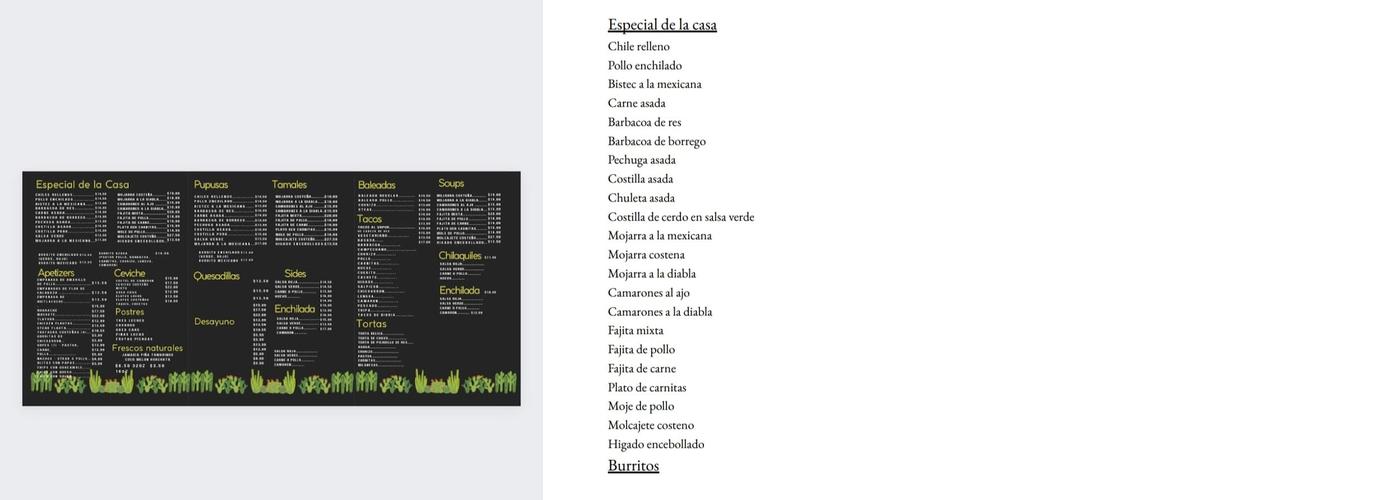 El costeño tex mex Menu