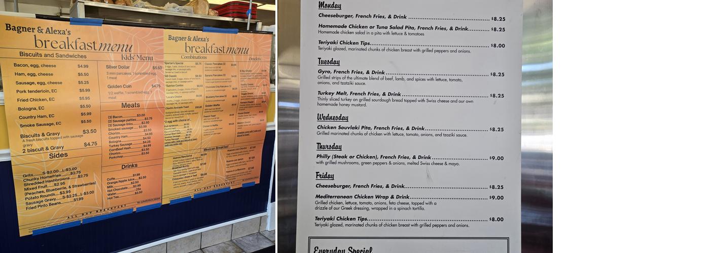Bagner and Alexa's Downtown Cafe Menu