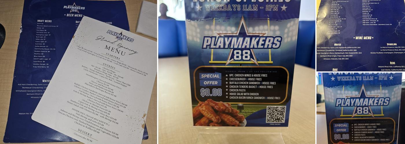 Playmakers88 Bar & Grill Menu