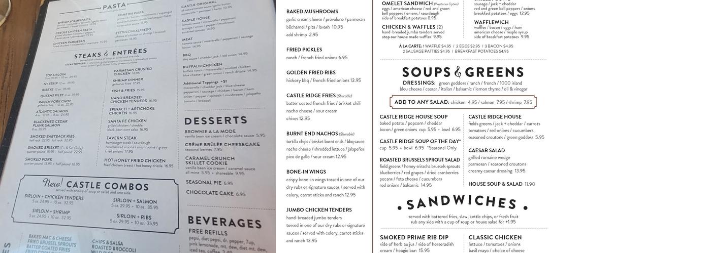 Stonewater Restaurant at Castle Ridge Menu