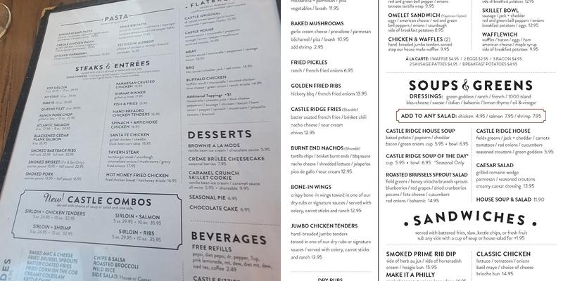 Stonewater Restaurant at Castle Ridge Menu