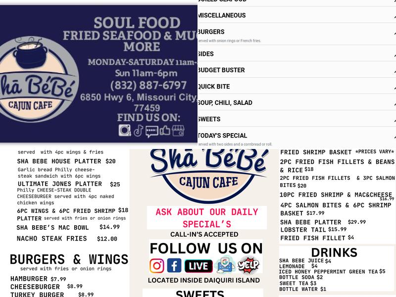 Sha Bebe Cajun Cafe Menu