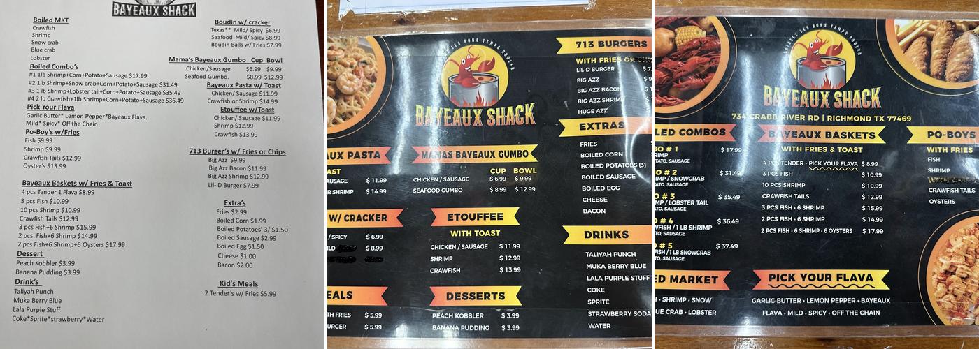 Bayeaux shack Menu