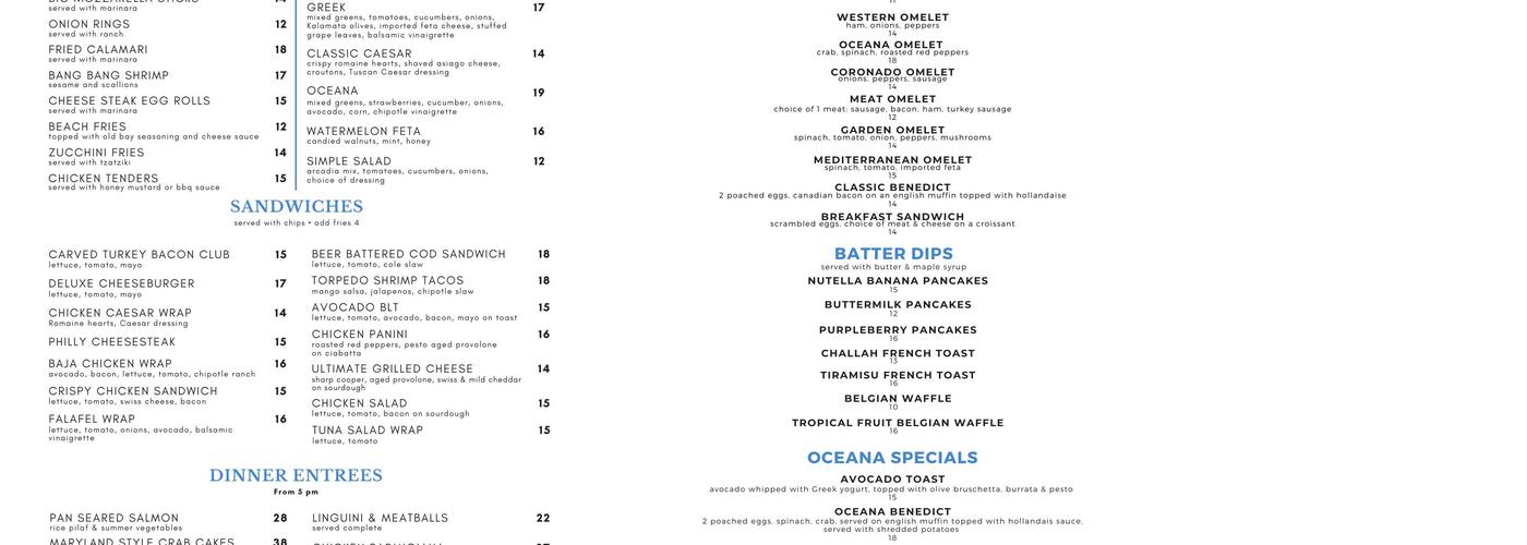 Oceana BYOB Menu