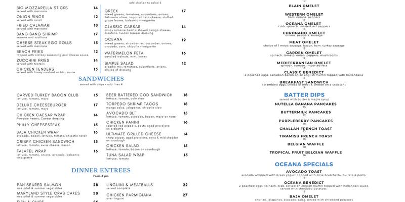 Oceana BYOB Menu