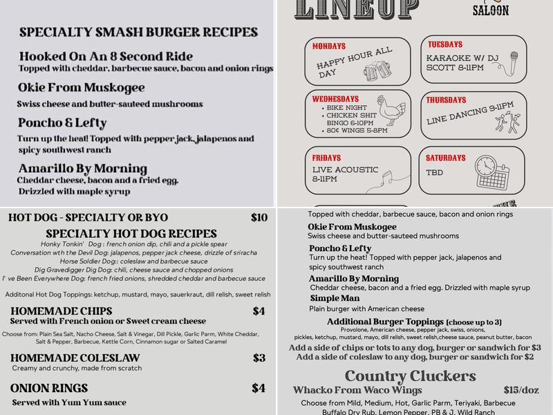 Crowing Hen Saloon Menu