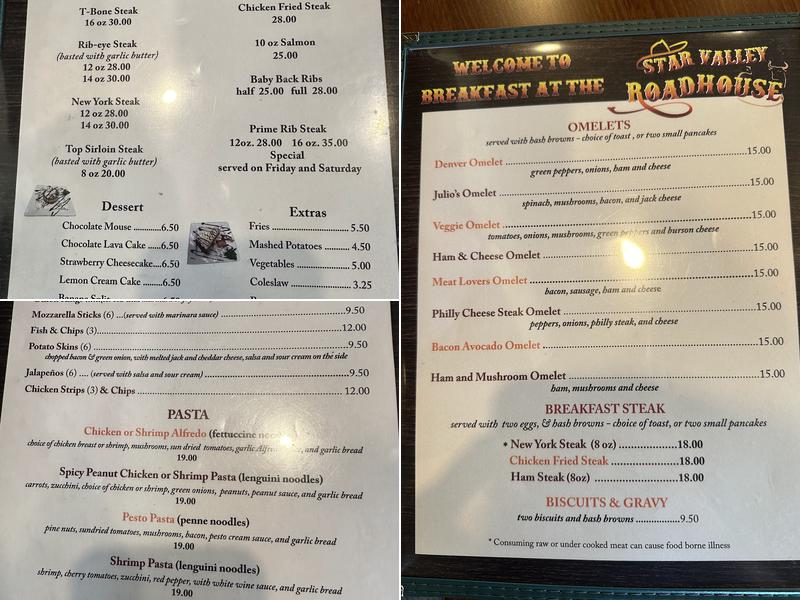 Star valley roadhouse Menu