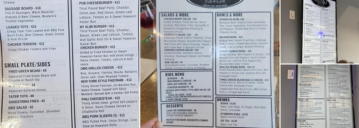 The Alibi Pub & Grill Menu