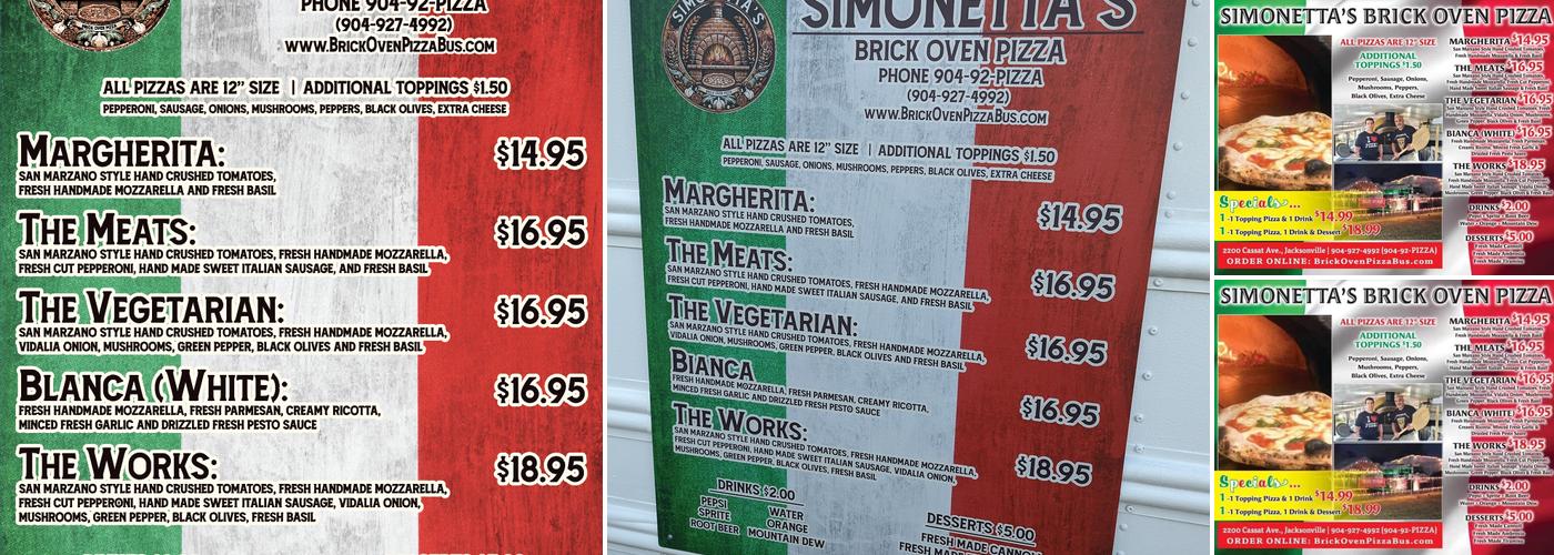Simonetta's Brick Oven Pizza Bus Menu