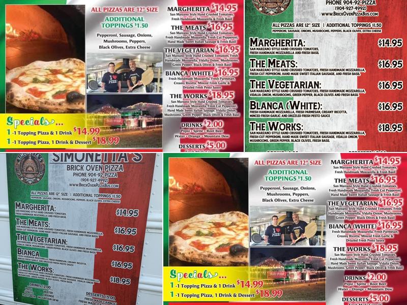Simonetta's Brick Oven Pizza Bus Menu