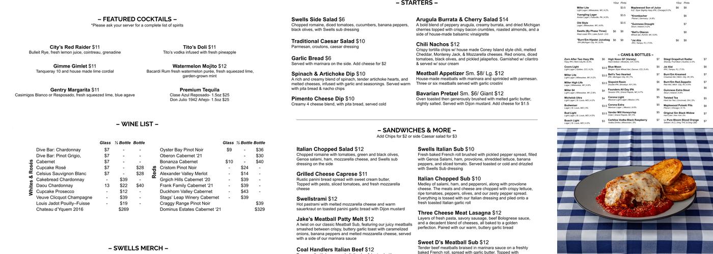 Swells a Dive Bar Menu