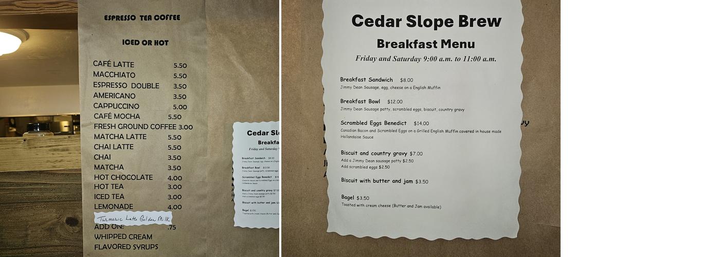 Cedar slope brew Menu