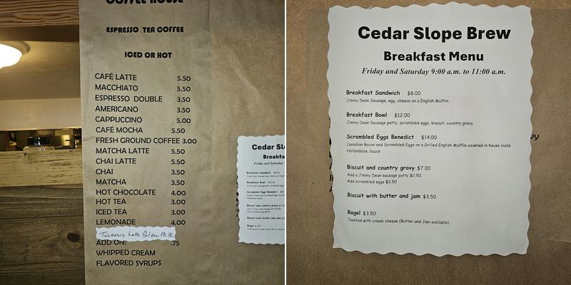Cedar slope brew Menu