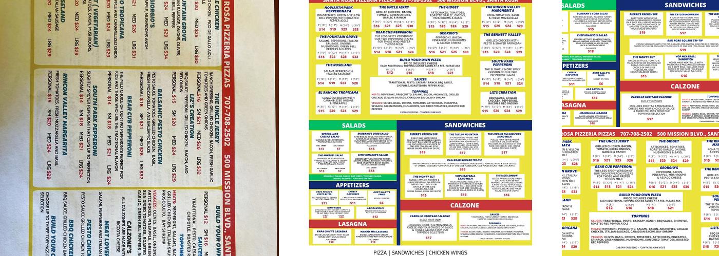 Santa Rosa Pizzeria Menu