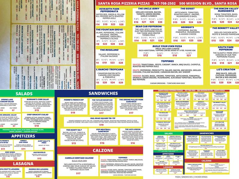 Santa Rosa Pizzeria Menu