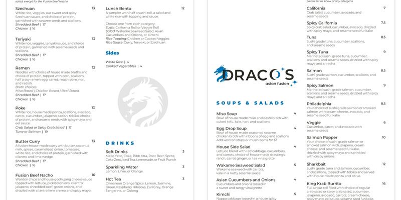 Draco's Asian Fusion Menu