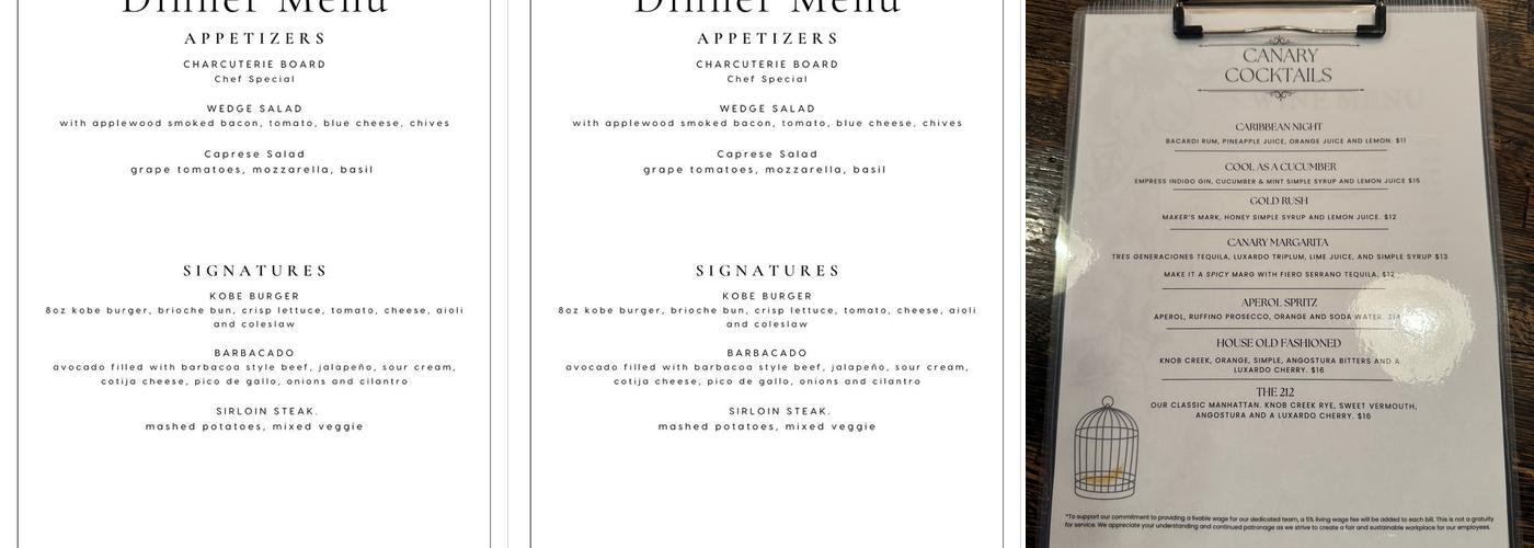 Canary Cocktails Menu