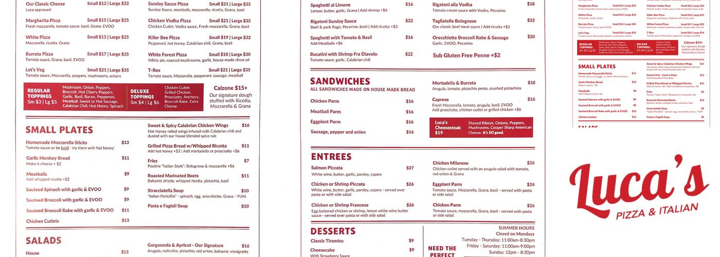 Luca’s Pizza Menu