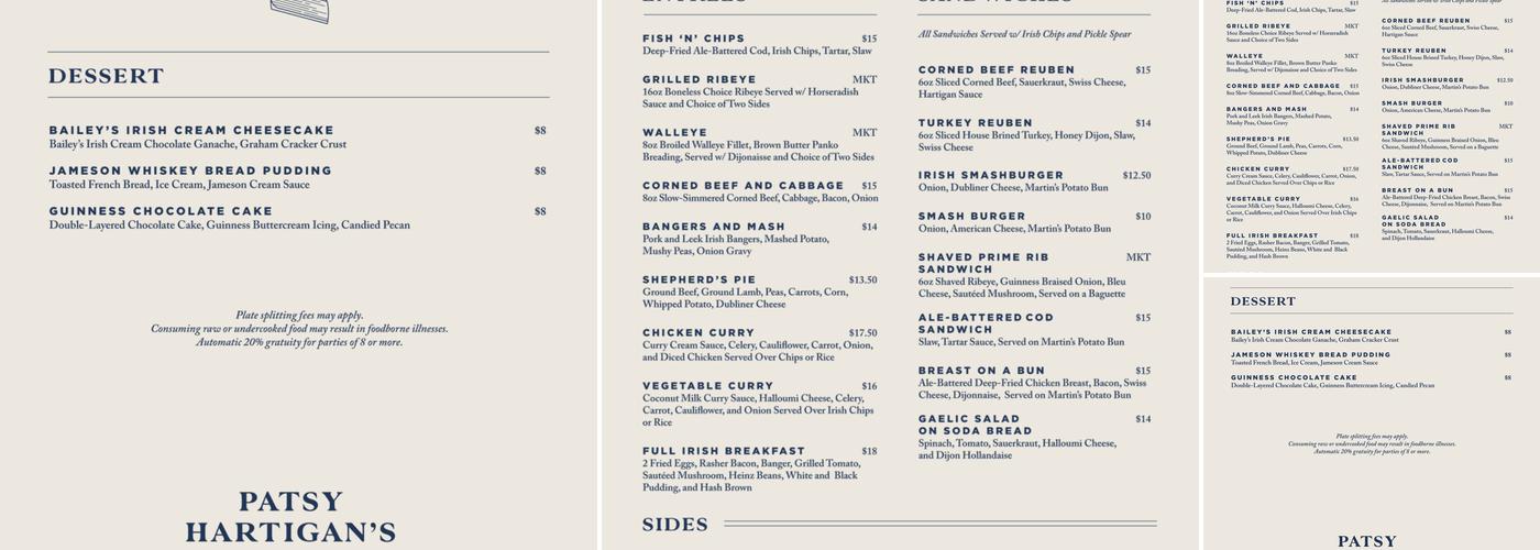 Patsy Hartigan's Irish Pub Menu