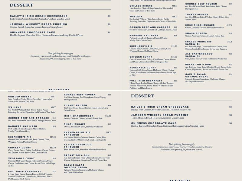 Patsy Hartigan's Irish Pub Menu