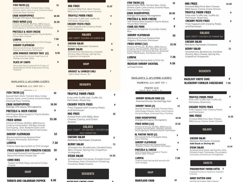 Brewery and the Beast Menu