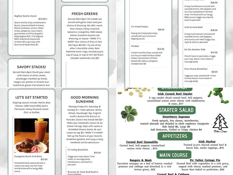 Fir Valley Pour House Menu
