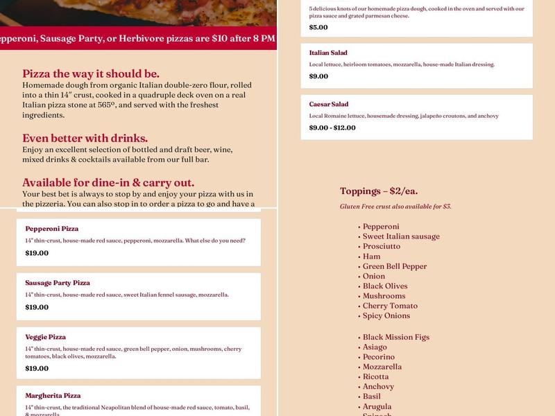 Night Train Pizza Menu