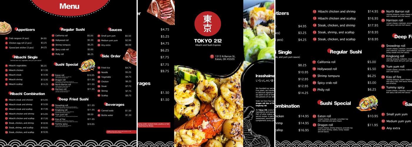 Tokyo 212 Hibachi and Sushi Eaton OH Menu