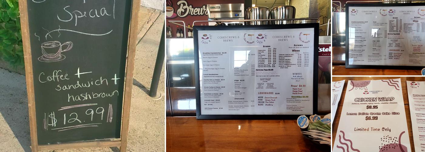 Corkscrews & Brews Menu