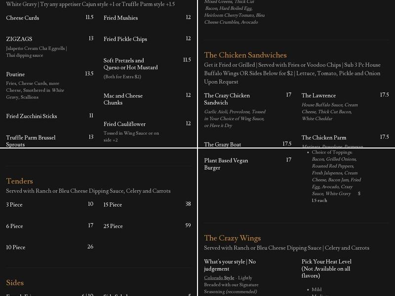 The Crazy Chicken Menu