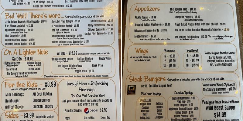 The Square Pub Menu