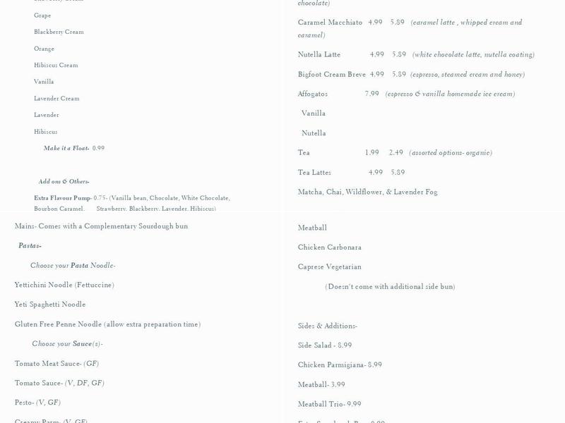 Bigfoot Cafe and Gifts Menu