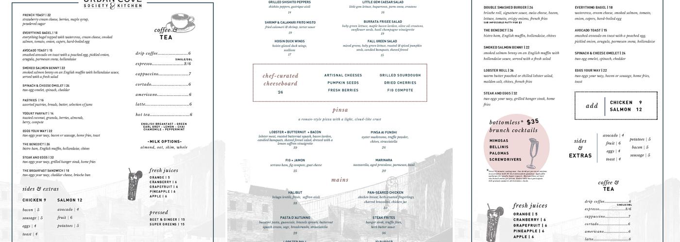 Urban Cove Society and Kitchen Menu