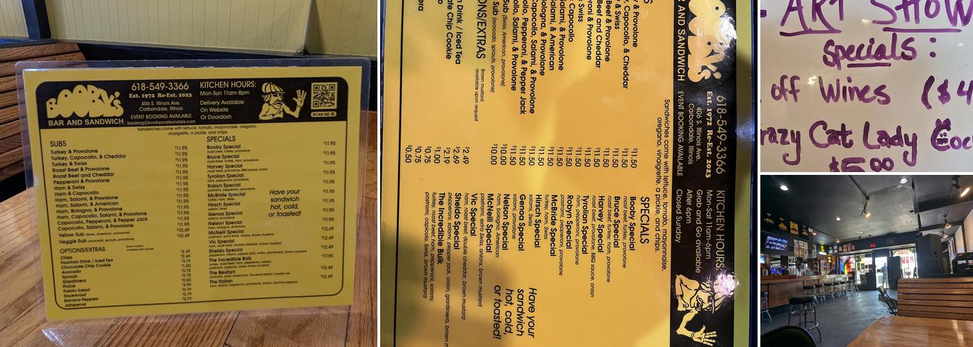 Booby's Bar and Sandwich Menu
