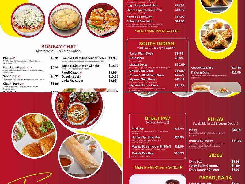 Honest Indian Restaurant Menu