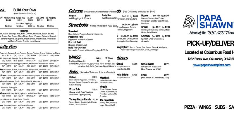 Papa Shawn's Pizza Menu