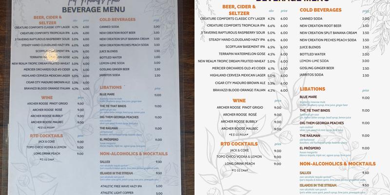 Pat Maxwell's Place Menu