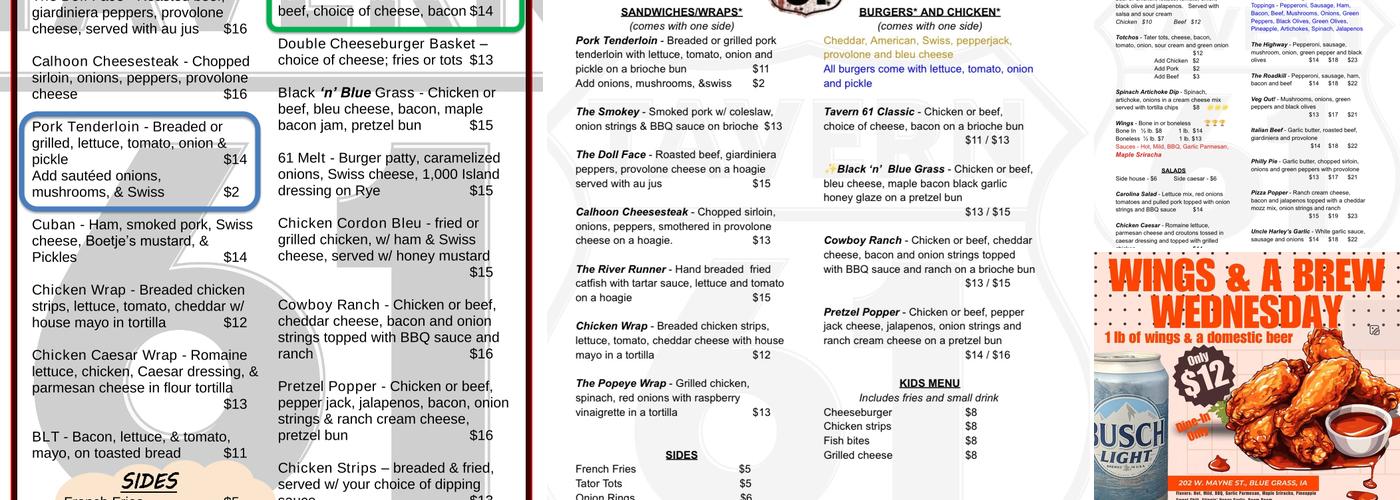 Tavern 61 Menu