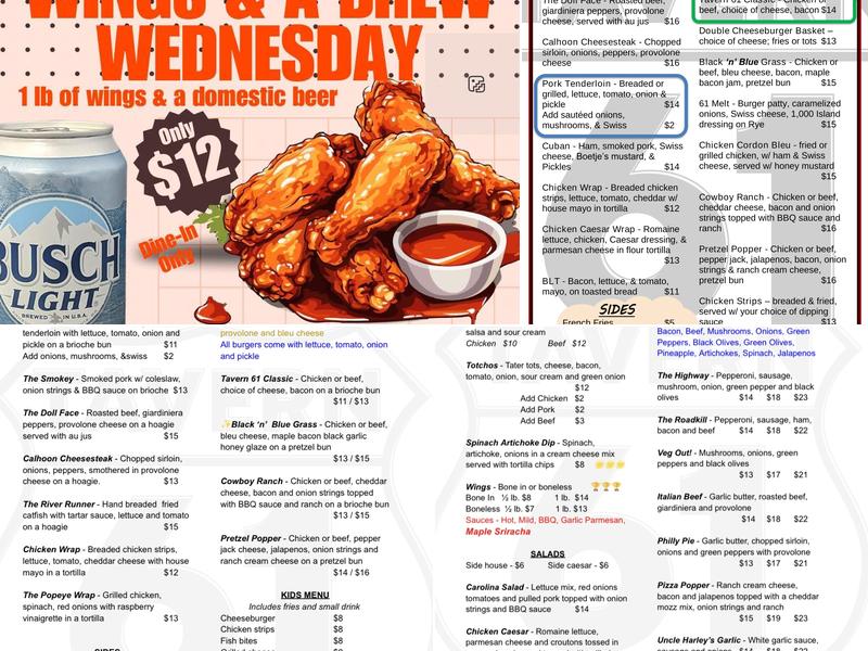 Tavern 61 Menu