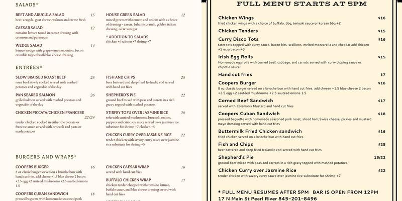 Coopers Restaurant &Bar Menu