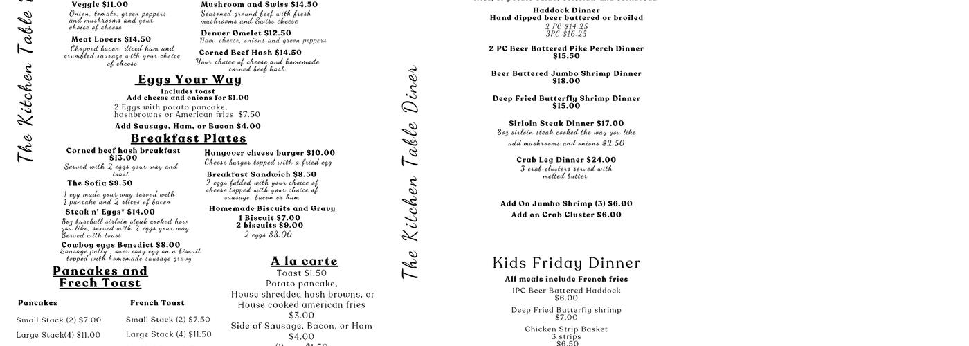 The Kitchen Table Diner Menu